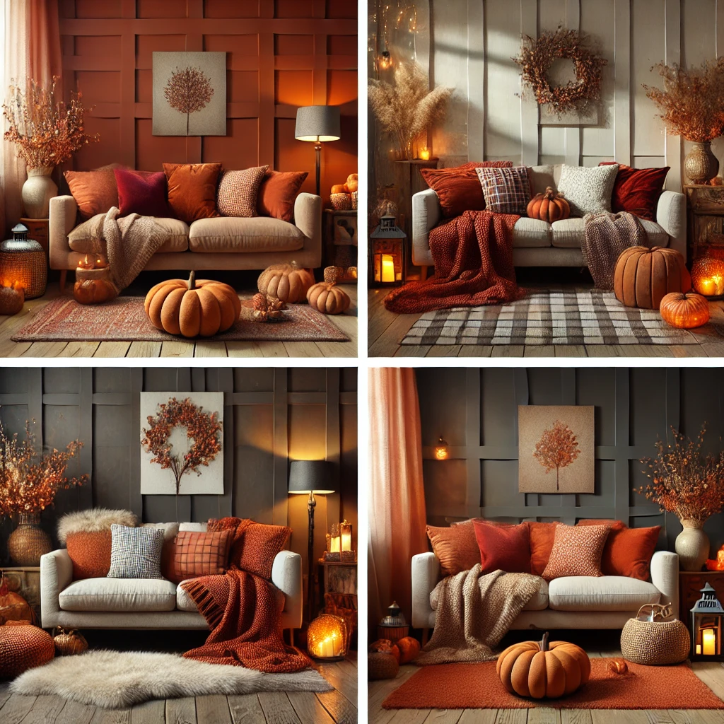  2024-08-28 07.51.47 - Four different cozy living rooms decorated for fall. Each room features variations like a plush couch with burnt orange and deep red throw pillows, ch.webp