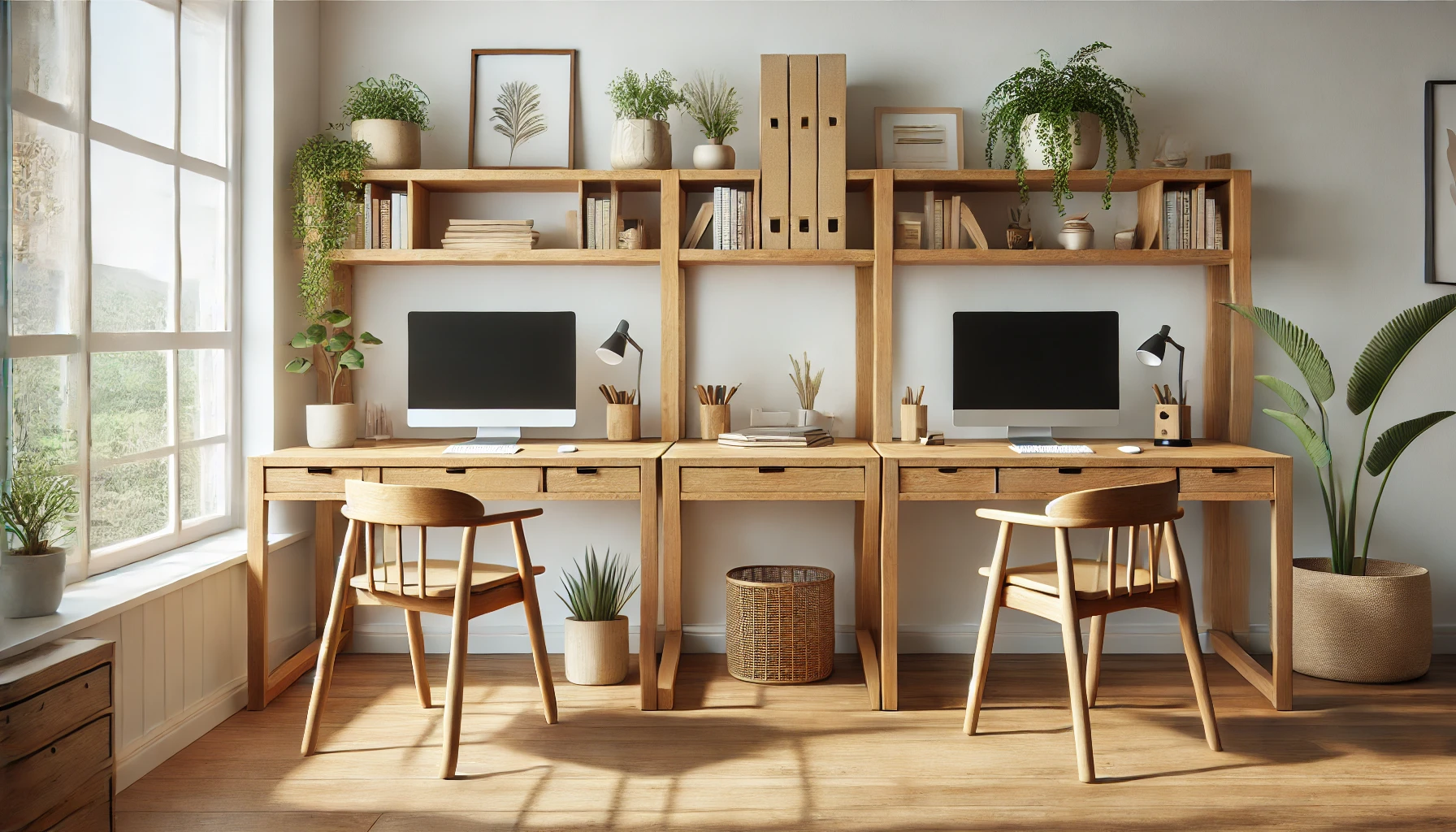 2024-10-12 07.45.18 - A modern double desk home office setup with an all-wood design, featuring two wooden workstations side by side. Both desks have natural wooden worktop.webp